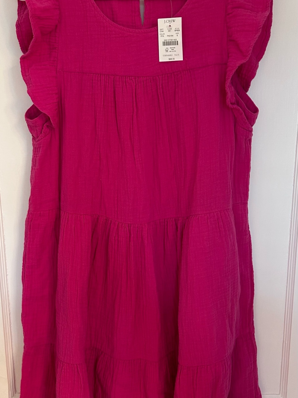 J. Crew Tiered Ruffle-Sleeve Dress in Fuchsia Pink